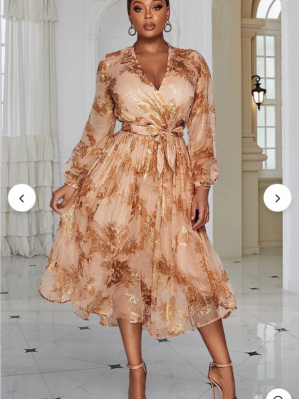 Blush Peach Long-Sleeve Wrap Midi Dress with Gold Floral Accents